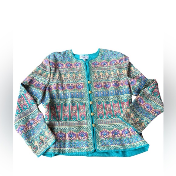 90s Adrianna Papell Silk Egyptian Revival Style Colorful Artsy Jacket Blouse 14 - Picture 1 of 9